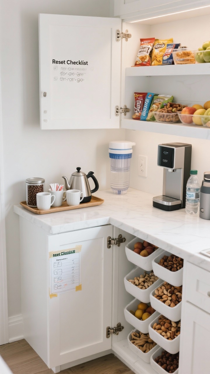 Overhead detail shot of organized habit-building zones: a compact coffee/tea bar with mugs, a canister of beans, kettle, and sweeteners on a tray; adjacent hydration station with a water filter, sparkling water maker, and reusable bottles arranged neatly; a cabinet shelf labeled for grab-and-go snacks—bars, nuts, and fruit—styled for quick access; a small “Reset Checklist” taped inside a cabinet door; clean, bright lighting emphasizing order and routine.