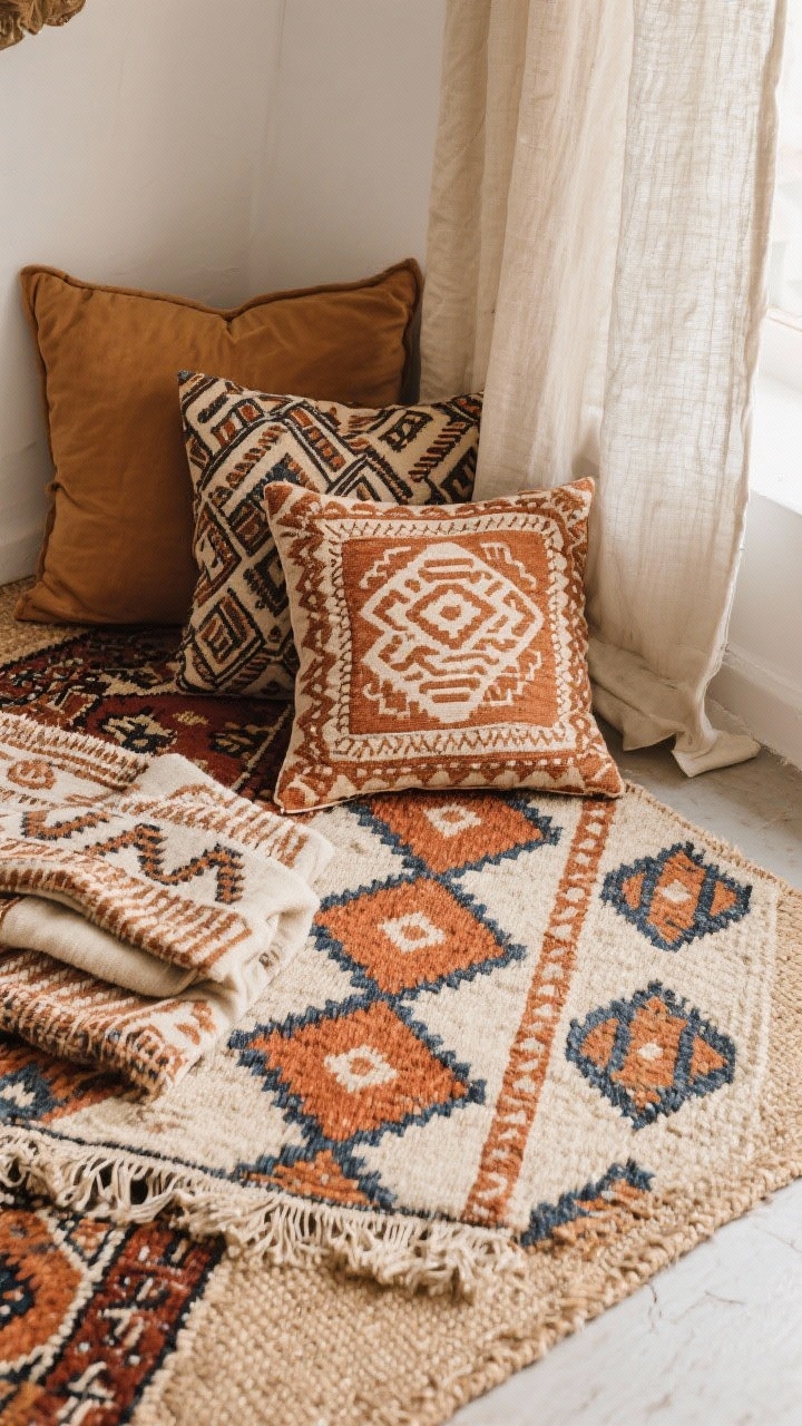 Overhead detail shot of pattern play on a layered rug and pillow vignette: a vintage kilim with large-scale geometric diamonds layered over a neutral jute base, paired with two smaller-scale patterns—an Indian block-printed pillow and a subtle Aztec-inspired throw; limited palette of terracotta, camel, cream, and indigo; a solid camel pillow and a plain linen curtain edge visible to “ground” the mix; soft natural light for clarity, crisp textures, and a curated, cohesive global feel.