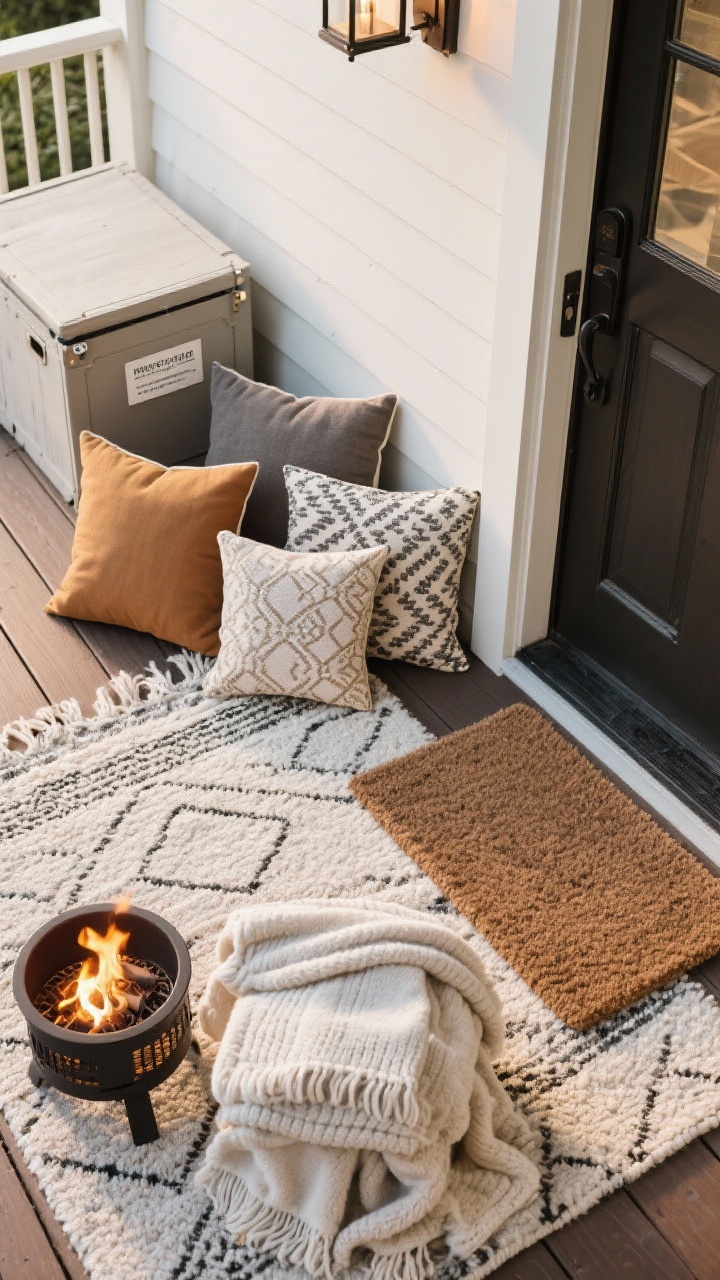 Overhead detail shot of seasonal cozy layers: an outdoor rug and doormat duo at the entry, a neatly folded lightweight cotton throw and a chunkier knit/fleece throw, three pillow covers (two solids, one patterned) arranged beside a small tabletop fire bowl/compact chiminea option. Nearby deck box lid ajar to suggest storage. Tags indicate machine-washable covers. Warm glow from the fire bowl, textures crisp and tactile, photorealistic.