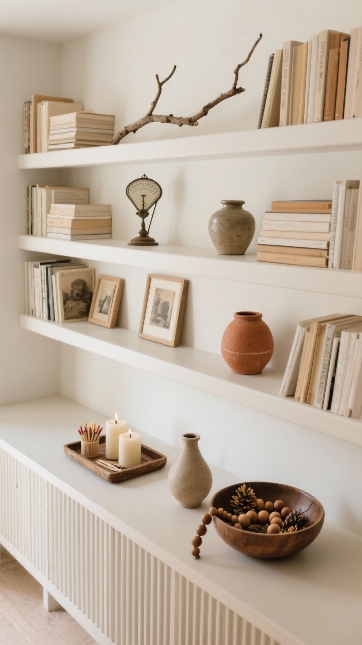 Overhead detail shot of styled open shelves and a console: books in neutral-toned spines stacked horizontally and vertically; natural elements like a branch, terracotta, and stoneware; one vintage piece per shelf (scale, jar, or old photo); small art pieces leaned casually; on the console, a tray corralling candles, matches, and a small vase, plus a low bowl with wood beads and seasonal finds; composition preserves about 30% negative space; soft diffused daylight, photorealistic, no people.
