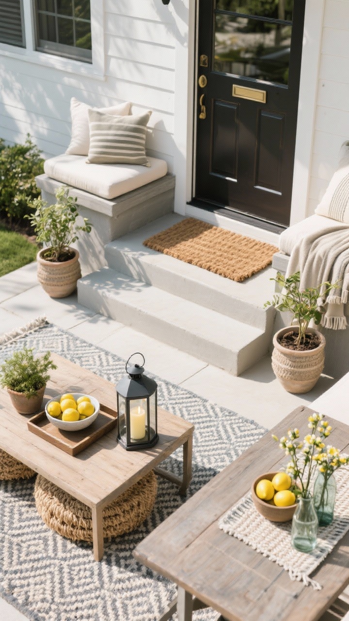 Overhead detail shot: Styled outdoor surfaces with small, intentional touches. An outdoor coffee table holds a tray with a low planter, a sleek lantern, and citronella candle; nearby dining table has a weatherproof runner with a simple centerpiece—a bowl of lemons and clustered bud vases. Bench steps show layered cushions and a throw in the chosen palette, with a pair of matching pots flanking the steps for symmetry. At the doorstep: a coir doormat layered over a patterned outdoor rug between two matching planters. Textures of wood, coir, and woven textiles are highlighted; bright daytime light; no people; photorealistic.