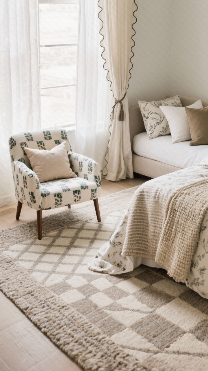 Overhead detail: Soft furnishings with personality—an artful “layered rug moment” showing a thin patterned rug (gingham or checkerboard) over a larger neutral rug. Nearby, a chair with a playful slipcover and a tiny lumbar pillow. Part of the bed shows statement bedding: a printed duvet with solid pillows. Sheer tie-top curtains with subtle scalloped edges diffuse daylight. Emphasize a texture triad: one plush, one woven, one smooth. Natural daylight, crisp textures.
