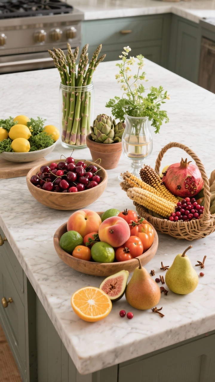Overhead flatlay of a kitchen prep island styled with edible decor by season: spring grouping with asparagus upright in a tall jar, a bowl of artichokes, and potted herbs; summer grouping with lemons, limes, peaches, cherry tomatoes, and a big bowl of cherries; fall grouping with squash, pears, figs, pomegranates, and a handled basket with dried corn cobs; winter grouping with citrus studded with cloves, cranberries in a glass hurricane, and winter greens in a pitcher. Natural top light, rich textures of produce, clean stone countertop.