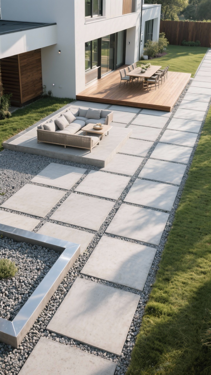 Overhead medium-wide shot of clean-lined hardscaping: a grid of large-format 24x24 concrete pavers aligned perpendicular to a modern house facade, stabilized gravel panels between paver zones with crisp steel edging; distinct framed zones for lounging, dining, and a straight pathway—nothing floating on grass; thermally modified wood deck with hidden fasteners transitions to pavers; strong geometry with precise edges; soft morning light casting sharp, orderly shadows; intentional breathing room left as negative space.