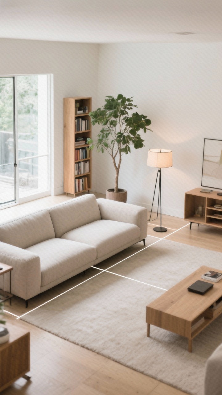 Overhead/plan-style medium shot: The rule of thirds applied to a living room. The sofa sits slightly off-center along a horizontal third, opening a wider pathway beside it. At a third-line intersection, cluster a floor lamp and a plant as a natural focal point. Maintain mostly low-height furniture, with one tall element (a bookcase or indoor tree) positioned on a vertical third to pull the eye up. Balanced composition, minimal clutter, bright but soft ambient light.
