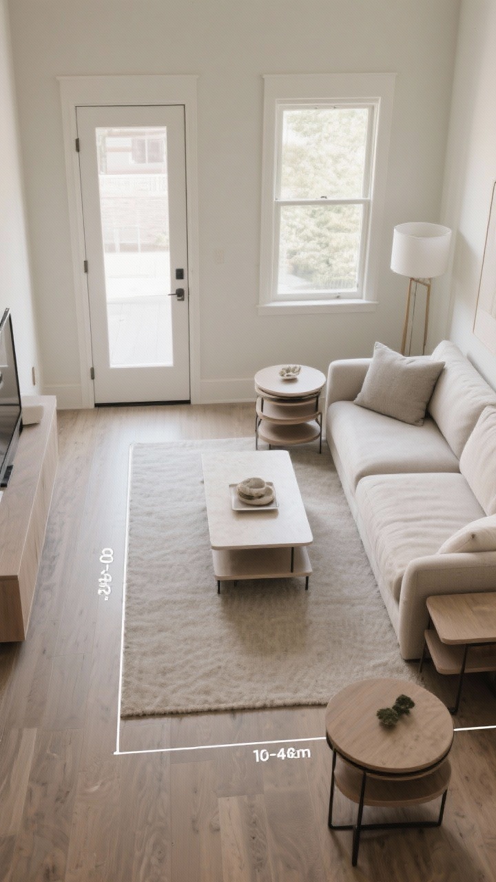 Overhead shot: A floor-plan-style photograph of a living room with a clearly defined 30–36 inch-wide pathway from the door to the sofa to the window. A floating coffee table sits 14–18 inches from the seating edges. Nesting tables are tucked partially under the sofa arm, ready to pull out. The arrangement subtly shifts the seating cluster to one side to allow a natural walkway through the room. Clean, calm mood with minimal clutter and soft, even ambient light.