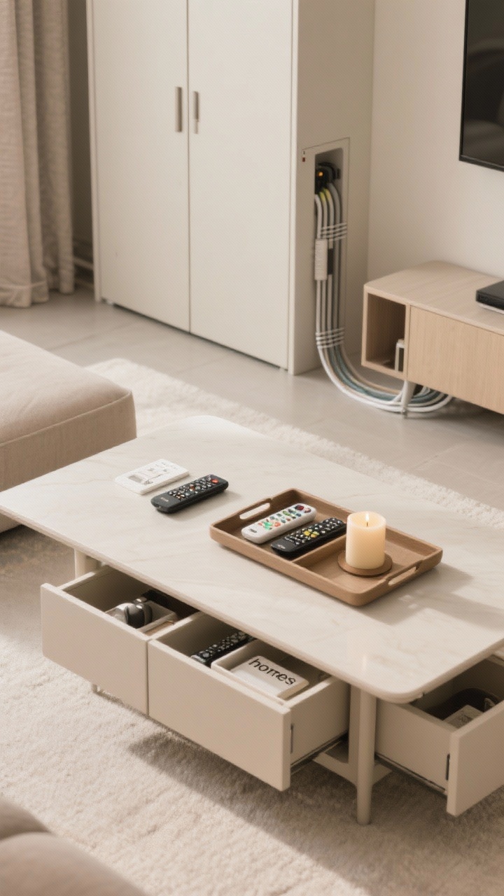Overhead shot: Clutter-free storage solutions in action—a tray system on a coffee table neatly corralling remotes and a candle; nearby nesting tables tucked together to reduce visual bulk; a closed-door console hiding cables (with cable sleeves and a discreet stick-on raceway leading behind). Calm, minimal surfaces with clear “homes” for small items. Neutral palette, crisp yet warm lighting, photorealistic.