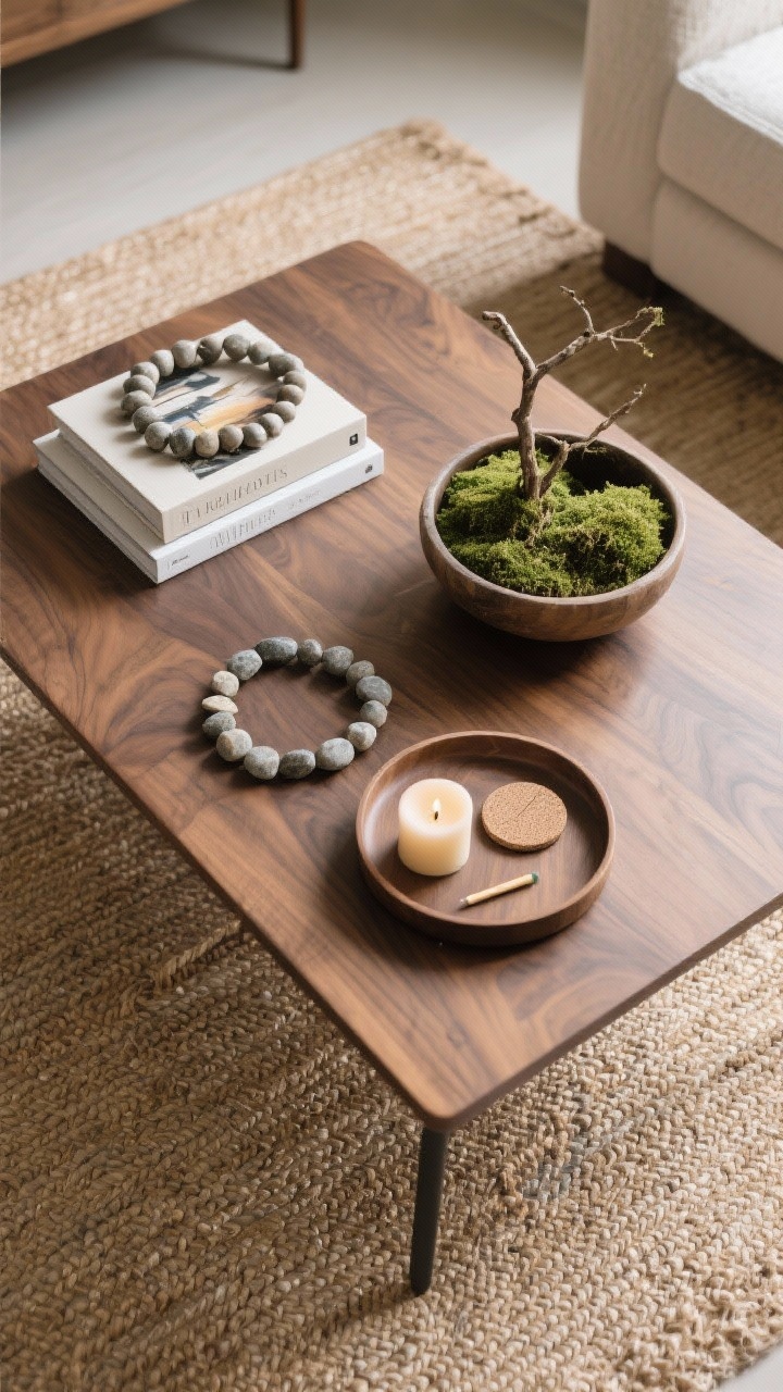 Overhead view — Coffee table styled with the rule of thirds: three distinct zones with varied height and texture on a rectangular wood table over a jute rug. Zone 1 Stack: two art books topped with a stone bead strand. Zone 2 Organic: a low bowl filled with preserved moss and a small branch. Zone 3 Function: a round tray holding a candle, coasters, and a tiny match striker. Negative space kept for usability; tidy, photorealistic styling with soft natural light.