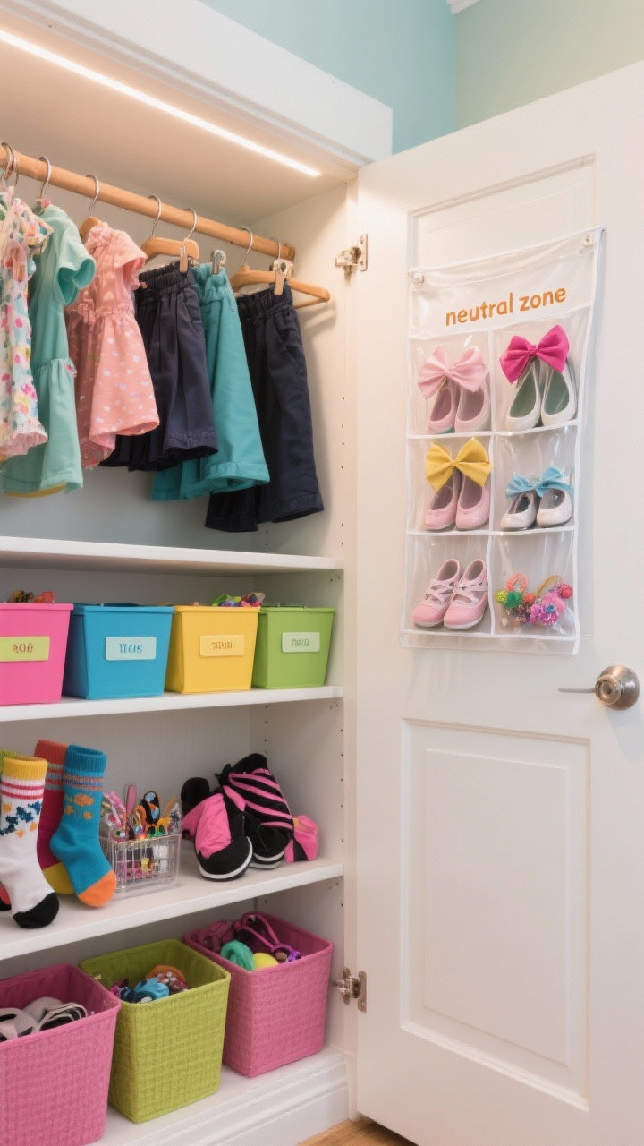 Photorealistic closeup detail inside a kids’ closet organized like Tetris: double hanging bars on both sides (tops above, skirts/pants below), color-coded labeled bins for accessories, socks, and dance gear (one color per child), and an over-the-door clear-pocket shoe organizer holding shoes, hair bows, and small items. Include a “neutral zone” shelf labeled for shared items. Bright, even closet lighting; straight-on view focusing on labels, textures of bins, and tidy arrangement.