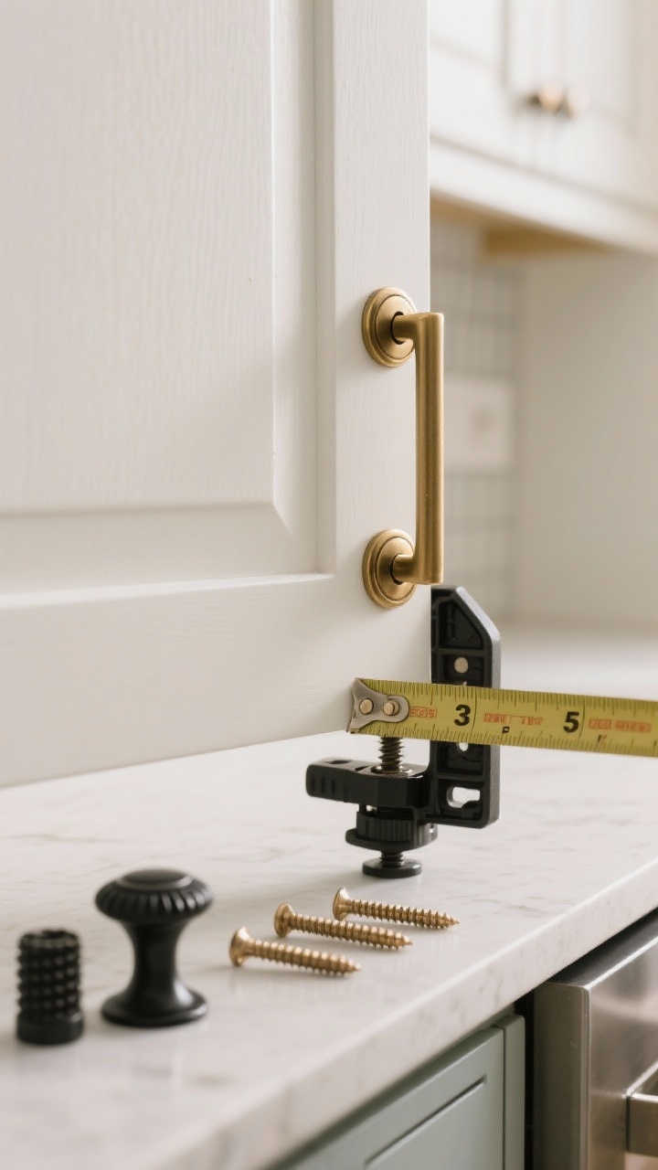 Photorealistic closeup detail of cabinet hardware swap: a white Shaker kitchen cabinet door getting new brushed brass pulls with a 5" hole spread. Show a cabinet hardware jig clamped in place, a tape measure confirming the spread, and screws laid out neatly. Emphasize the brushed texture and warm metallic sheen; include a matching knurled black knob set on the counter to imply coordinated finishes elsewhere in the room. Soft, bright task lighting, shallow depth of field focusing on the pull and jig, no people.