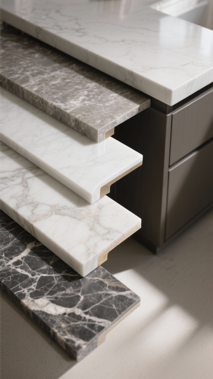 Photorealistic closeup detail of countertop edge profiles on sample runs: square eased edge on a honed quartz, beveled edge on a polished porcelain slab, half-bullnose on natural marble, modernized ogee on quiet-veined stone, and a mitered/thickened edge creating a chunky look on a waterfall island corner; neutral background, raking side light to emphasize the edge geometry and finishes, precise shadows, no hands, ultra-detailed textures