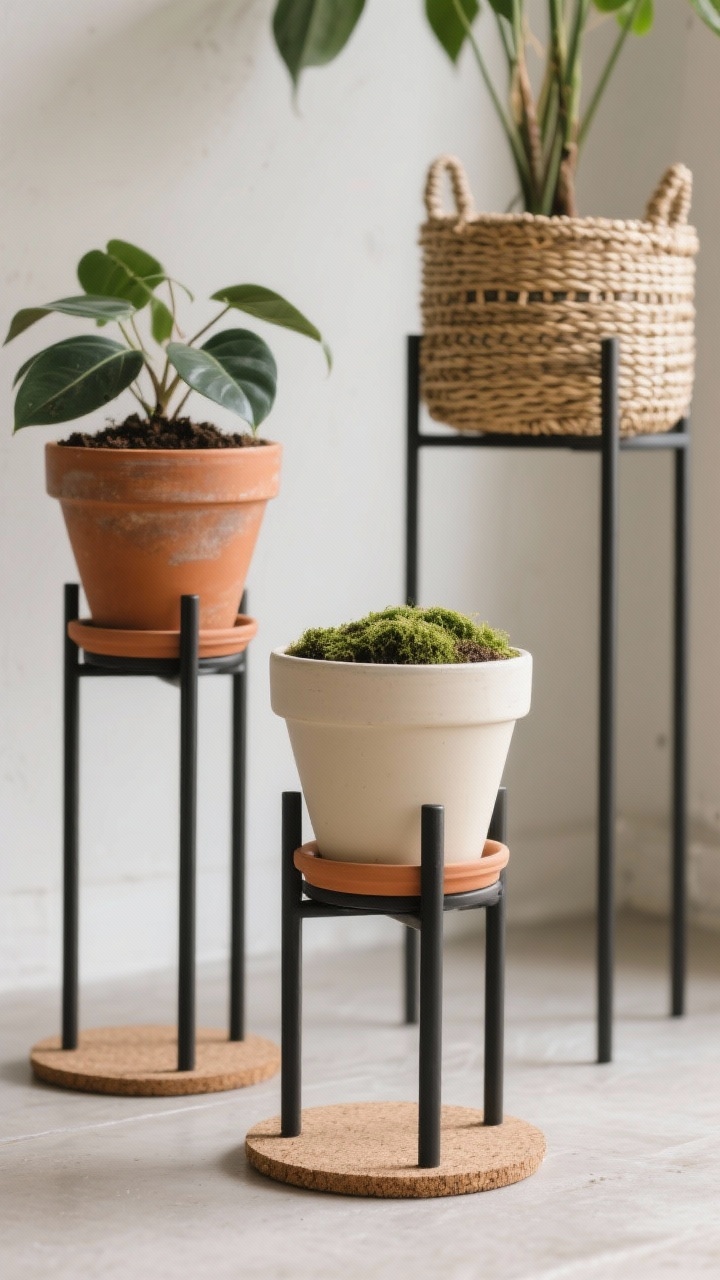 Photorealistic closeup detail of curated pots, stands, and textures: a trio arrangement showing terracotta (warm, slightly patinated), matte ceramic (minimalist cream), and a woven basket (boho texture), each at different heights on slim plant stands to vary leaf planes. Repeated pot colors (e.g., terracotta, black, cream) for cohesion. Visible nursery pots nested inside decorative covers, with saucers or cork pads for floor protection; a hint of moss top dressing neatly covering soil. Soft natural light skimming surfaces to reveal material textures; tight, design-forward composition.