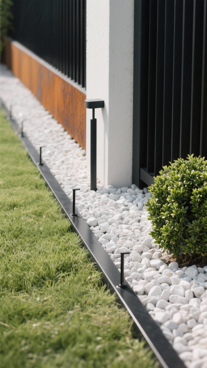 Photorealistic closeup detail of metal edging creating sleek, modern lines between a trimmed lawn and a minimalist white gravel bed beside a black powder-coated steel fence. Show thin black steel edging set flush with lawn, staked discreetly every few feet, with a slight curve around a post. Include a small boxwood cluster to illustrate sharp definition. Soft, even lighting to emphasize the crisp edge and smooth gravel surface; hint of Corten patina on a nearby accent strip for contrast.