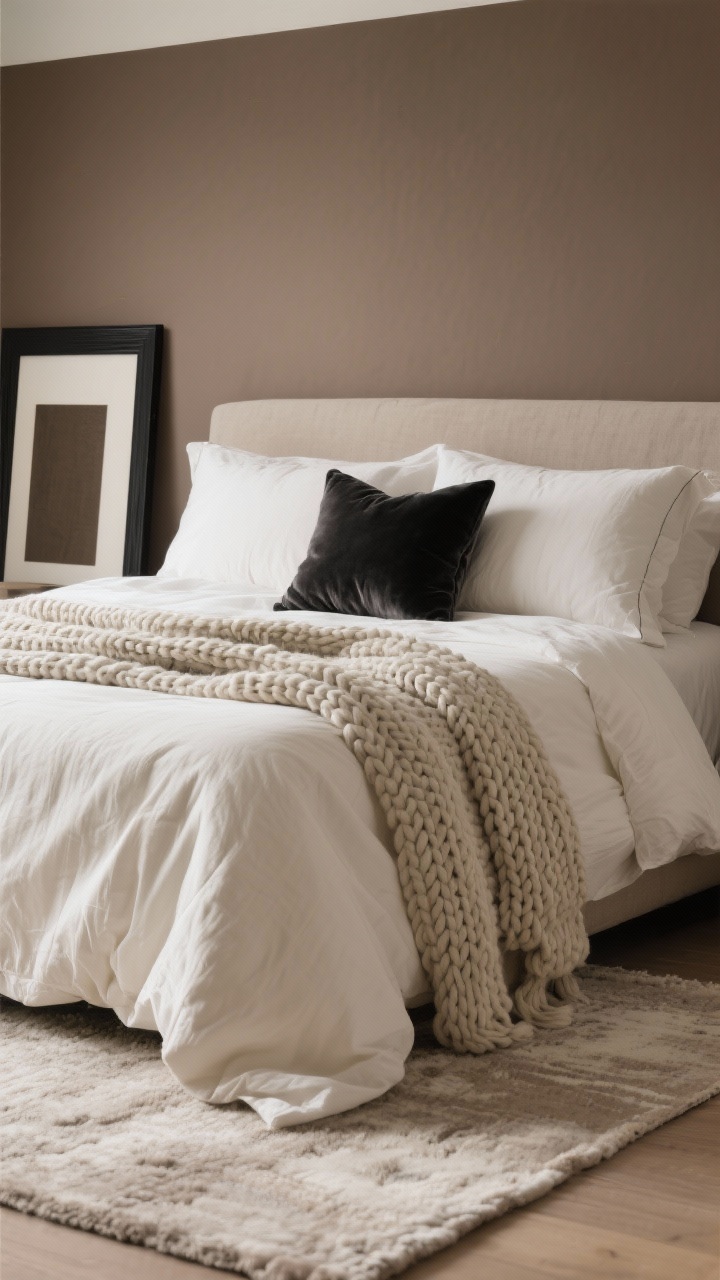 Photorealistic closeup detail shot of bedding and accents showcasing the elevated neutral trio: mocha taupe wall in the background, cream bedding with a chunky knit throw, linen duvet, and small charcoal velvet pillows; include a charcoal picture frame edge or rug border peeking into frame; low-contrast cream and light taupe rug beneath; soft diffused daylight emphasizing texture contrast, intimate angle, no people.