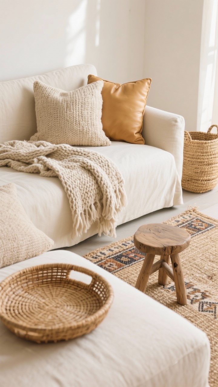 Photorealistic closeup detail shot of layered textures on a living room sofa zone: a smooth cream linen sofa contrasted with a chunky knit throw in oatmeal, a nubby linen pillow, and a buttery tan leather cushion; foreground shows a rattan tray on a cushion, background includes a neutral jute rug with a smaller patterned kilim layered on top and a small raw wood stool beside a seagrass basket; soft natural daylight from the side to emphasize tactile weaves and grain; focus on mixing at least three textures—soft pillows, structured rattan, and organic wood.