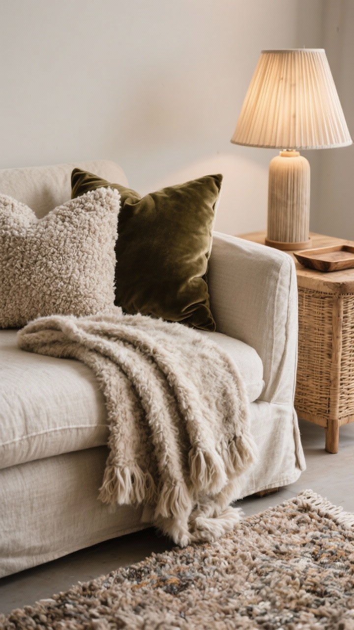 Photorealistic closeup detail shot of layered textures on a sofa corner: bouclé and velvet pillows against a linen slipcovered sofa, a wool throw draped over the arm, and a second drapey faux mohair blanket layered on top; rattan side table with a raw wood tray; pleated fabric lampshade glowing softly in the background; thick area rug texture visible at the edge; tactile comfort-forward vibe, no people