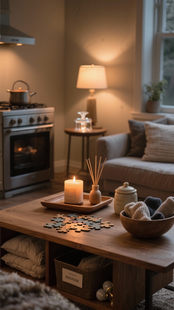 Photorealistic closeup of a mood-styling evening ritual scene: a wooden tray with a lit candle emitting warm cedar-vanilla-amber notes, a small diffuser, and a simmer pot on the stove in soft focus; a tiny tabletop fountain providing gentle sound; lamps turned on from back to front of the room creating a staged dim-down glow; a puzzle set out on the coffee table, a ceramic canister tea station, and a bowl filled with soft socks; a labeled bin peeking from a lower shelf holding winter pillows, thicker duvet, and extra bulbs; cozy multisensory atmosphere, no people