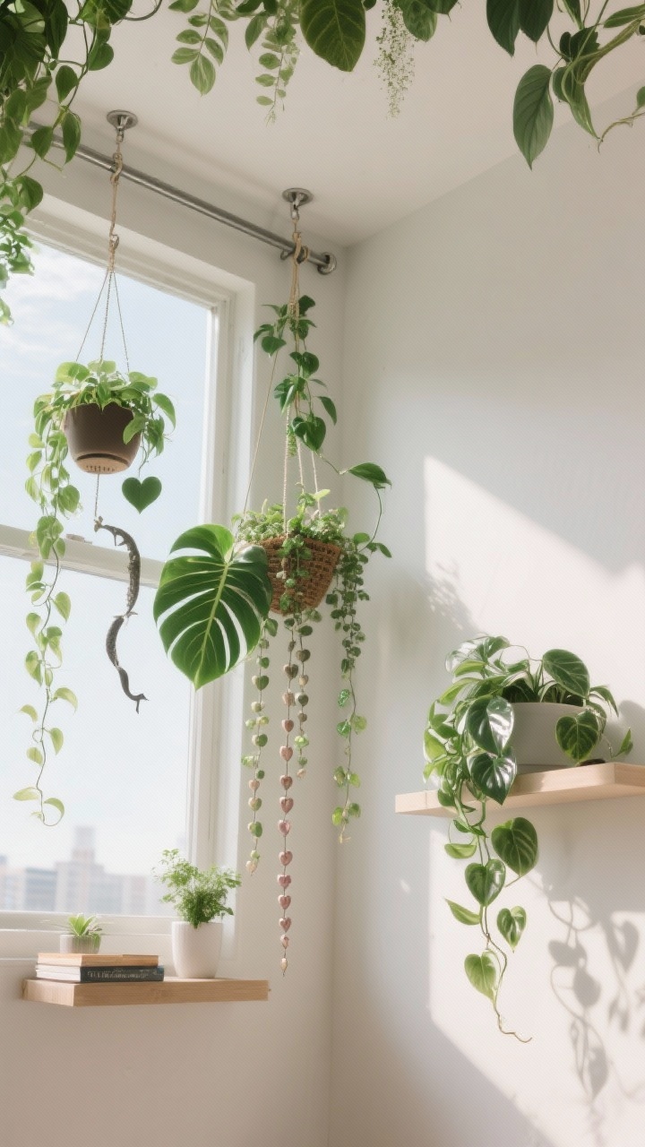 Photorealistic corner ceiling view emphasizing vertical greenery: a bright window with a tension rod supporting hanging planters; trailing pothos, heartleaf philodendron, and string of hearts draping gracefully. In the sunniest spot, a Hoya linearis and string of dolphins; in a shadier corner, a satin pothos with shimmery leaves. Include discrete ceiling hooks as an option and a pair of minimal floating shelves with small plants acting as bookends. Soft afternoon light, airy, rental-friendly vibe; shot from a slight upward angle to elongate the ceiling and emphasize height.