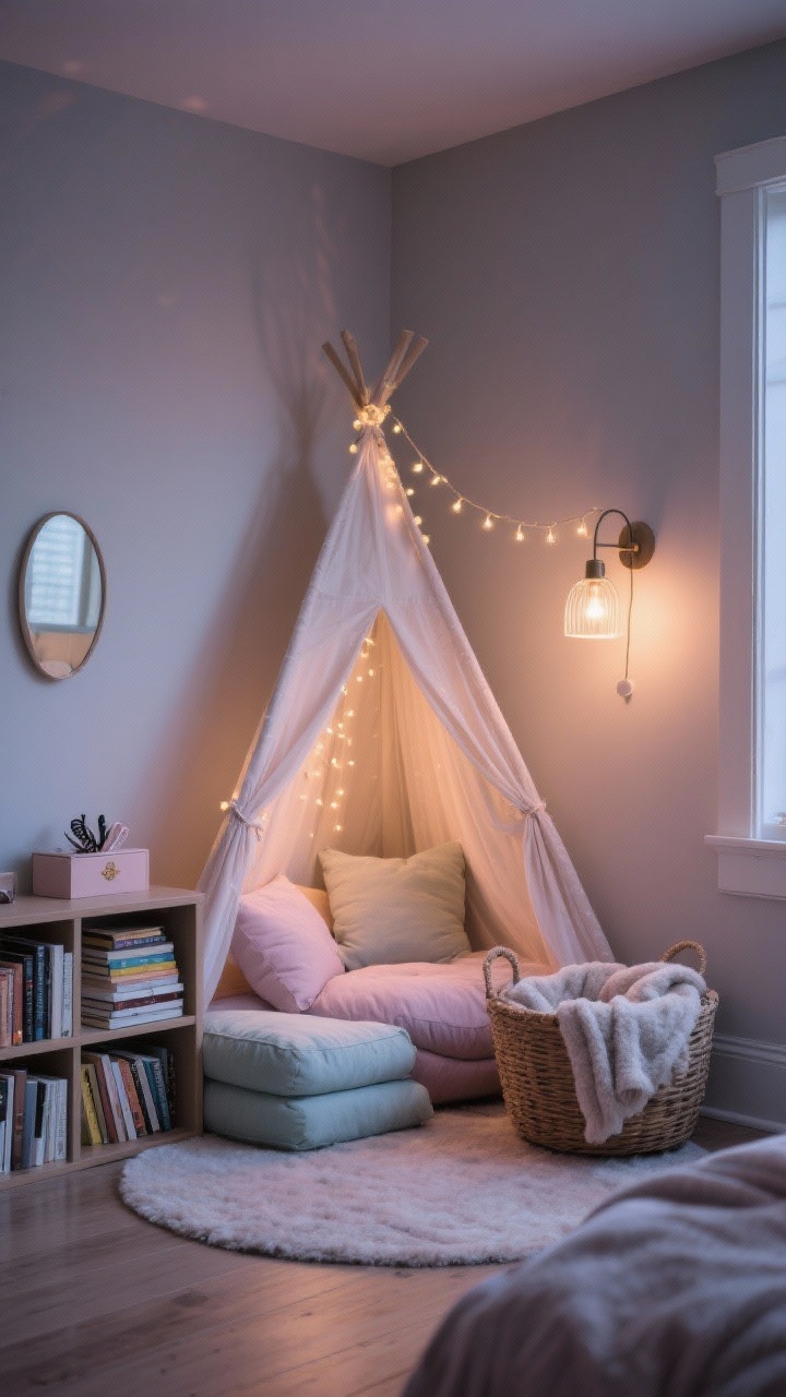 Photorealistic cozy corner scene of a calm reading nook: a gauzy corner canopy or play tent creating acoustic softness, layered floor cushions in muted pastels, a small low bookshelf with a rotating stack of books, and a basket of plush blankets. Add a wall sconce or warm string lights on a dimmer casting gentle glow. Include a small mirror and a tidy hair accessories box to support morning flow. Dusk lighting for serene mood; corner-angle composition emphasizing texture and warmth without any people.