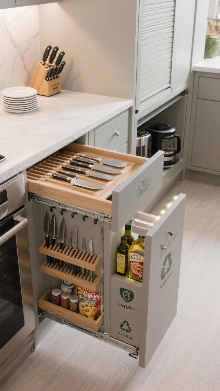 Photorealistic detail/overhead shot of discreet, hyper-functional storage: an open drawer with custom dividers housing knives (knife block insert), spices in tiered rows, and a peg system securing plates; beside it, a narrow pull-out pantry roll-out with visible snacks and oils; glimpse of an appliance garage with a lift-up or tambour door concealing toaster and coffee maker; include a labeled trash trio pull-out (landfill, recycling, compost) partially extended. Lighting: bright task lighting, clean and organized, no cluttered counters.