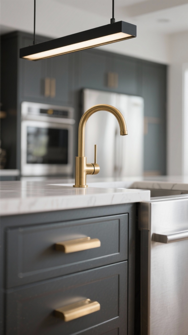 Photorealistic detail shot focusing on mixed metals done intentionally: closeup of brushed brass cabinet pulls and a brushed brass faucet as the anchor finish, with stainless steel appliances visible softly in the background and a black metal linear light fixture overhead as the accent; finishes show texture differences (brushed vs polished) with soft reflections, warm-cool balance, and clean, edited styling. Angle: tight three-quarter angle on the faucet and hardware with shallow depth of field.