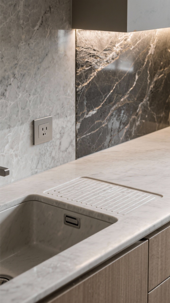 Photorealistic detailed closeup of finishes and micro-details: side-by-side surfaces showing honed/matte quartz, leathered soapstone with subtle texture, and polished stone reflecting light; integrated grooved drain board carved next to a flush undermount workstation sink, pop-up outlet closed and flush with the counter, and color-matched caulk along a seam blending into the surface; gentle directional lighting to reveal sheen differences, crisp realism