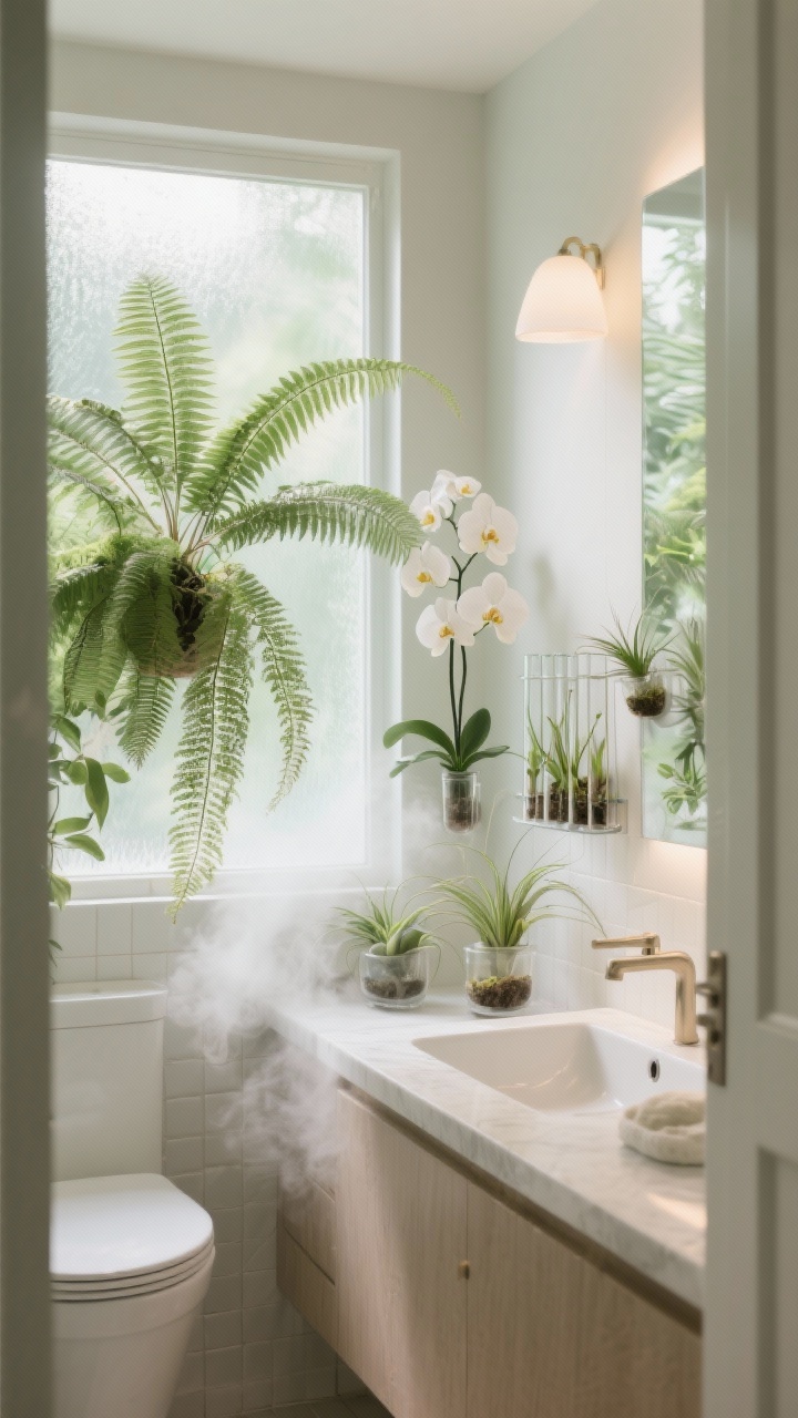 Photorealistic medium bathroom spa vignette: bright, indirect light filtering through a frosted window over a vanity. A lush Boston fern and a delicate maidenhair fern thriving in humid air; a graceful orchid near the window for a posh feel; a few air plants tucked into a wall-mounted or hanging holder. Include a small propagation station—glass tubes with cuttings in water—for a chic, soil-free accent. Clean tile textures, soft steam-kissed atmosphere, fresh and tranquil mood; angled from the doorway to show the whole mini jungle.