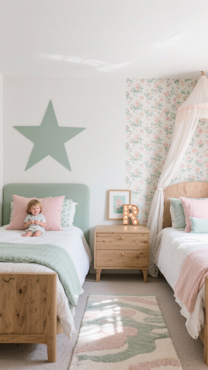 Photorealistic medium-detail shot focusing on color, pattern, and personality without clashing: neutral base room (soft white walls, natural wood dresser). Show two bed areas where one features a large-scale star motif and the other a small-scale floral pattern, both repeating accent colors (sage, blush) at least three times across pillow, framed art, and rug accents. Include a peel-and-stick wallpaper panel behind each headboard and a unique signature item per child (a marquee letter on one side, a delicate canopy on the other). Soft afternoon light; angled perspective capturing both sides’ harmony.