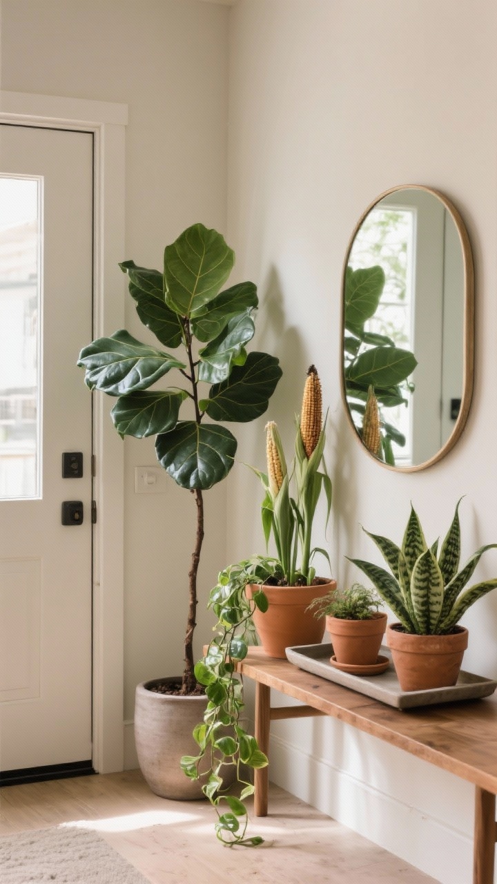 Photorealistic medium entryway corner scene: a tall sculptural fiddle-leaf fig beside a front door, layered with a rubber plant and a corn plant at staggered heights; a trailing pothos softening the verticals from a higher shelf; all pots corralled on a single low-profile tray for an intentional look. Include a wall mirror opposite the greenery to reflect light and double the impact. Optionally show a ZZ plant and snake plant alternative for low light. Neutral walls, natural wood console, soft morning light, subtle textures of matte ceramic and terracotta; straight-on angle, calm welcoming mood.