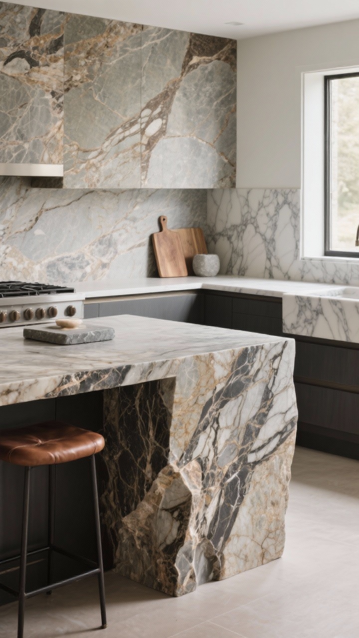 Photorealistic medium shot celebrating expressive stone: a kitchen island in leathered quartzite with dramatic veining and waterfall ends, paired with a full-height slab backsplash in coordinating stone; counters show tactile finish and movement, with a subtle eased edge profile visible on the perimeter; include a soapstone accent cutting board with a soft matte patina and a nearby performance quartz section mimicking marble veining. Lighting: natural side light to reveal stone texture and depth.