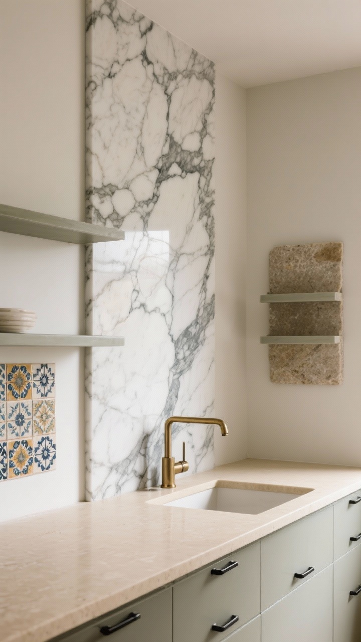 Photorealistic medium shot of a backsplash–countertop pairing: a slab backsplash running the same dramatic-vein marble-look quartz up the wall behind an open shelf, paired with a quiet, warm cream countertop; include Zellige-style handmade tile sample area on an adjacent short wall for contrast, textured honed stone behind a small open shelving bay, and mixed metals—brushed brass faucet and hardware with a few black pulls—to tie it together; restrained, cohesive look, soft indirect daylight