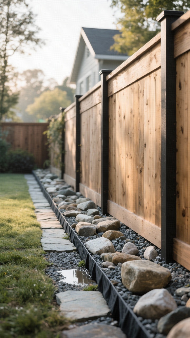 Photorealistic medium shot of a backyard fence line featuring a slim “stone ribbon” border: mixed river rocks and low-profile flagstone set snugly along a natural wood fence, with visible black steel edging subtly keeping stones in place. Show a shallow trench look with landscape fabric barely peeking at the edge and a stable layer of crushed gravel beneath. Early morning natural light emphasizes texture and contrast between smooth stones and wood grain; include light puddling avoidance around posts for a clean, grounded, timeless vibe.
