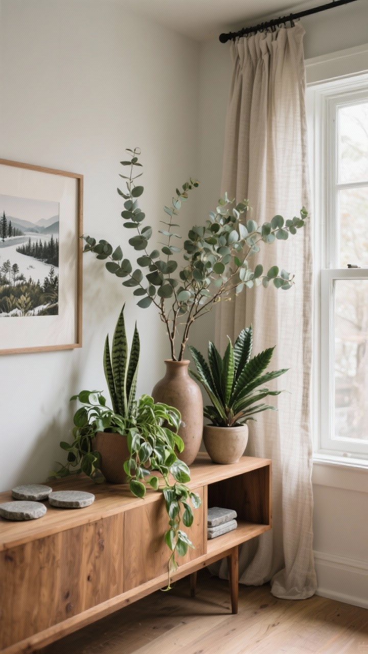 Photorealistic medium shot of a biophilic vignette by a window: cluster of easy-care real plants—pothos trailing, snake plant, and ZZ plant—grouped in odd numbers; tall vase of fresh eucalyptus branches on a natural wood sideboard; stone coasters and a linen curtain filtering light; framed landscape and botanical art swapped in for winter; window slightly open to suggest fresh air; grounded, serene mood, no people