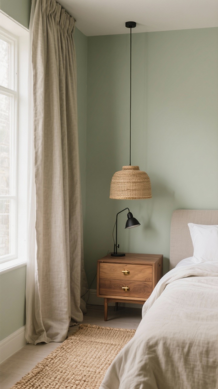 Photorealistic medium shot of a calm bedroom corner with matte soft sage walls, linen-hued bedding and curtains, natural textures like a rattan pendant, an oak nightstand, and a woven jute rug; include brushed brass drawer pulls and a matte black reading sconce for contrast; soft morning natural light filtering through the linen curtains, velvety wall finish visible, no people, cozy spa-at-home mood, corner angle perspective.