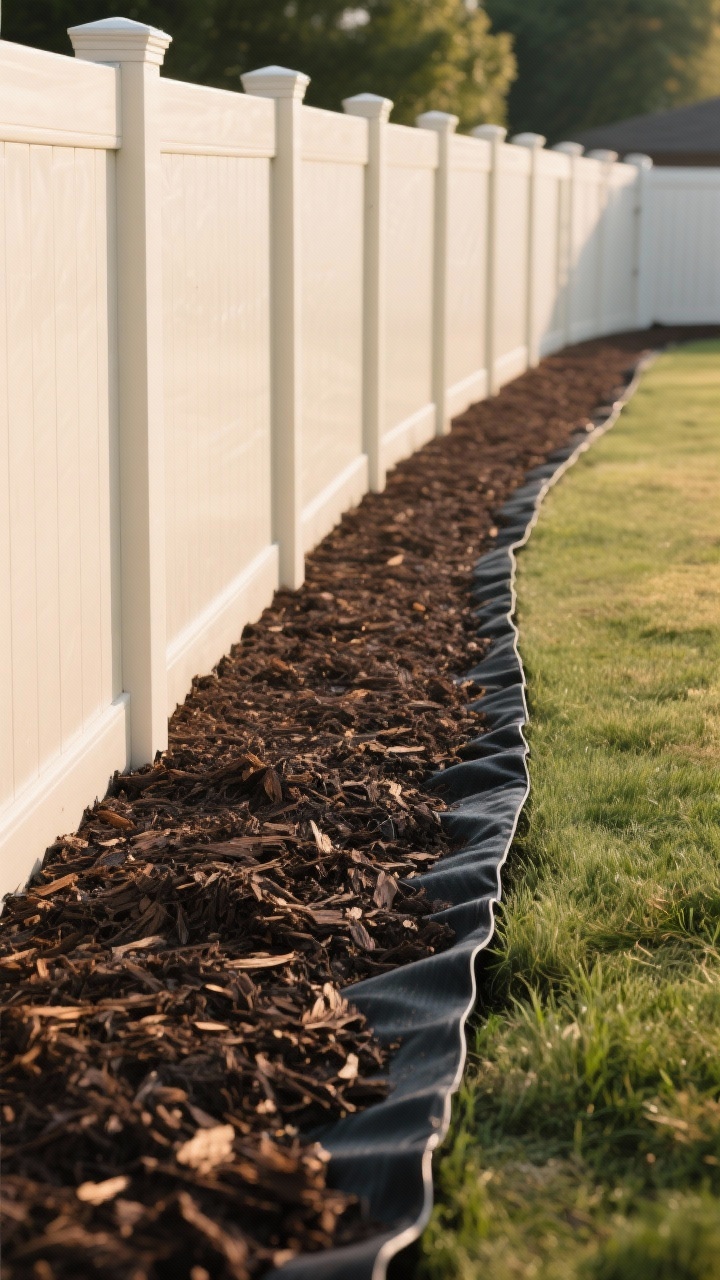 Photorealistic medium shot of a clean mulch band edging along a light vinyl fence: a 12–18 inch arc of dark shredded hardwood mulch over quality weed-blocking fabric, contained by low-profile black plastic edging. Gentle curved bed line reads custom, with evenly topped mulch and no spill into the lawn. Late afternoon light warms the mulch tone and softens the fence base; overall look tidy, budget-friendly, and low-maintenance.