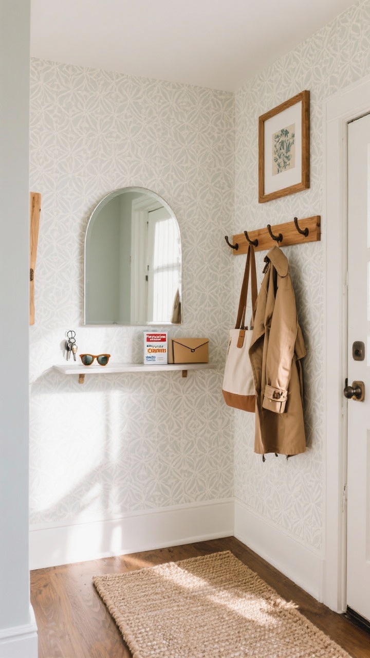 Photorealistic medium shot of a compact entry styled with peel-and-stick elements: a subtle patterned removable wallpaper backdrop, a slim floating shelf holding keys, sunglasses, and mail, an arched mirror above for a classic touch, a shaker rail with wooden wall hooks holding a tote and coat, and a washable rug runner on the floor. Include Command strips packaging on the shelf edge, and repeat wood twice (wood hooks and a wooden picture frame) for cohesion. Hang art at eye level (57" to center). Gentle afternoon light, slight corner angle for depth, tidy and welcoming mood.
