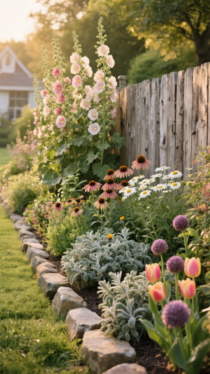 Photorealistic medium shot of a cottage-style layered planting border along a weathered wood fence: tall back row of hollyhock and hydrangea, middle row of coneflower and shasta daisy, low front row of catmint and lamb’s ear spilling gently toward the lawn. Tuck visible pops of tulips and allium for spring interest among perennials. A natural stone edge subtly contains the softness. Golden-hour lighting for a romantic, pollinator-friendly, storybook mood; lush, slightly wavy bed line.