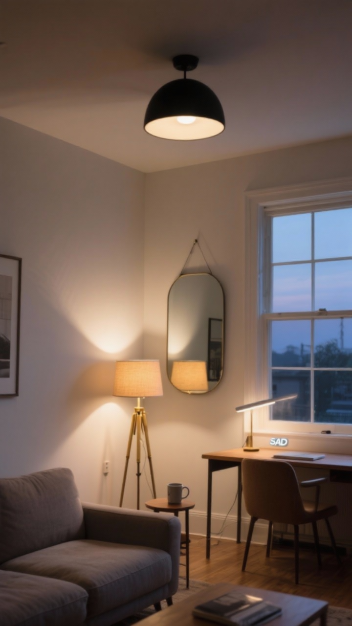 Photorealistic medium shot of a living room lighting setup at dusk: layered lighting with a matte black ceiling fixture on dim, a brass floor lamp by a sofa, and a warm table lamp on a side table at eye level when seated; daylight bulbs (5000–6500K) illuminating a desk area near a window for morning energy, with a SAD lamp on for 20–30 minutes beside a mug; freshly cleaned windows and a large mirror hung opposite the window bouncing natural light deeper into the room; subtle wall-grazing light making the space feel larger; cozy, bright, inviting mood, no people