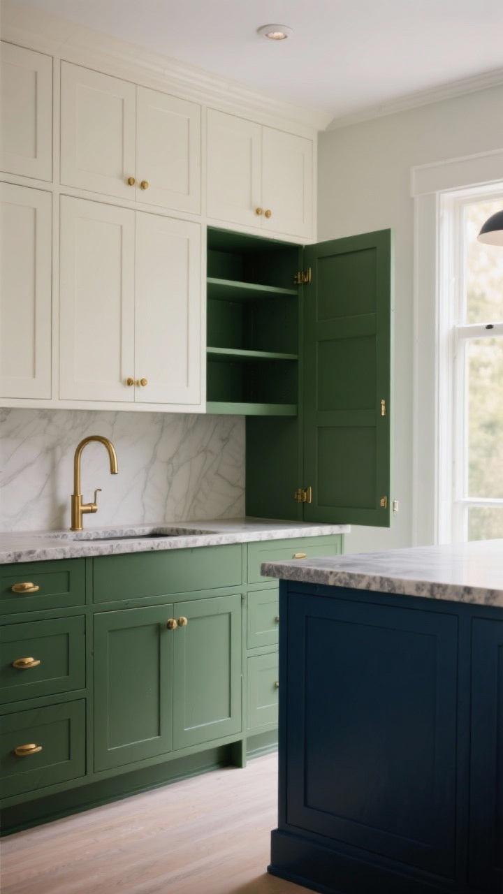 Photorealistic medium shot of a modern kitchen featuring color-drenched cabinetry: deep olive base cabinets paired with lighter off-white uppers, warm brass hardware and faucet, and a color-painted cabinet interior revealed by an open door showing a surprise olive tone; include a navy-painted island as a commitment-shy accent, matte finish paint for a cocoon effect, soft warm morning light from a window, satin sheen stone counters, and a subtle backdrop that keeps the saturated cabinetry sophisticated, not shouty. Angle: straight-on with slight corner perspective to show the open cabinet interior.