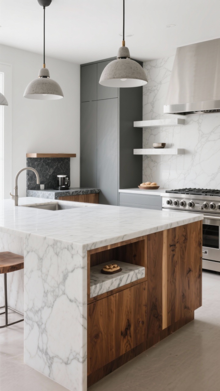 Photorealistic medium shot of a modern kitchen island showcasing mixed countertop materials: perimeter in soft white quartz with subtle marble-like veining and the island in warm butcher block with a waterfall edge; include additional material accents visible in frame such as a honed natural marble pastry insert, a moody charcoal soapstone coffee bar nook, and a thin porcelain slab shelf; stainless steel range and backsplash panel hinting at a pro-kitchen vibe, concrete pendant lights overhead, soft natural daylight, clean lines, no people