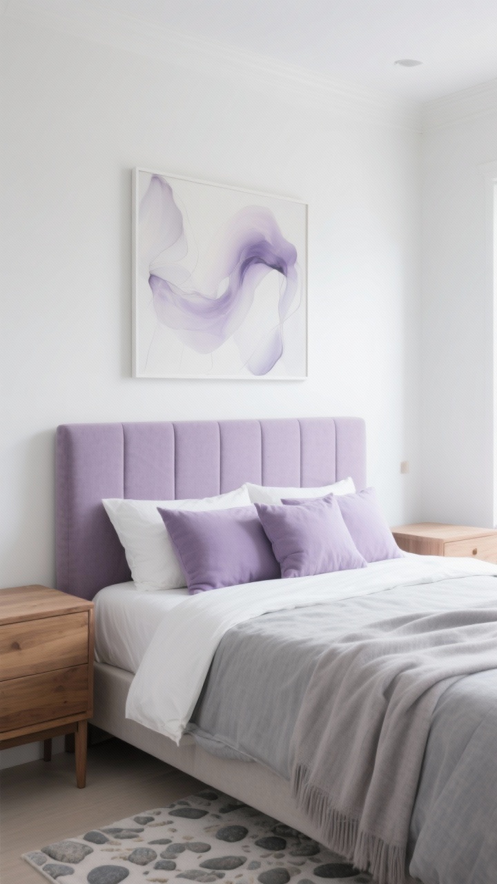 Photorealistic medium shot of a soft, restful bedroom scene: ivory-painted walls for brightness, pebble gray textiles on the bed (duvet and shams), misty lavender accents through pillows and a lightweight throw; optional lavender-upholstered headboard as a focal point; warm white lighting to prevent lavender from feeling icy; warm wood nightstands to balance the cool tones; airy abstract artwork above the bed; corner angle, breezy and sophisticated, no people.