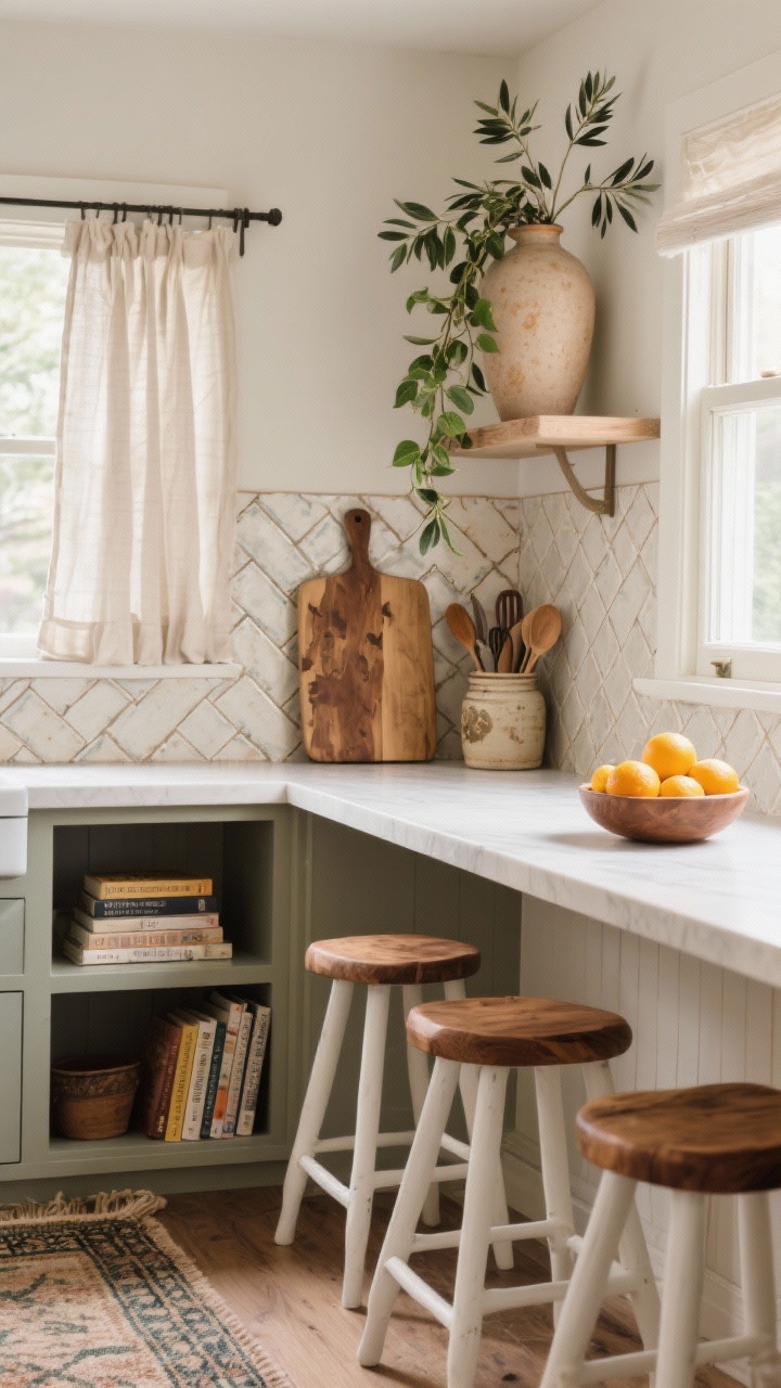 Photorealistic medium shot of a styled-but-real kitchen vignette emphasizing texture and warmth: white oak stools at a counter paired with a walnut cutting board, imperfect hand-glazed zellige or a textured subway tile backsplash laid in a herringbone or stack bond, linen cafe curtains at a window, a low-pile vintage runner on the floor, a small open shelf with cookbooks and a vintage crock of utensils, and a bowl of citrus for color; include a trailing pothos on a high shelf and a tall vase with an olive branch. Lighting: soft natural daylight for a layered, lived-in mood.