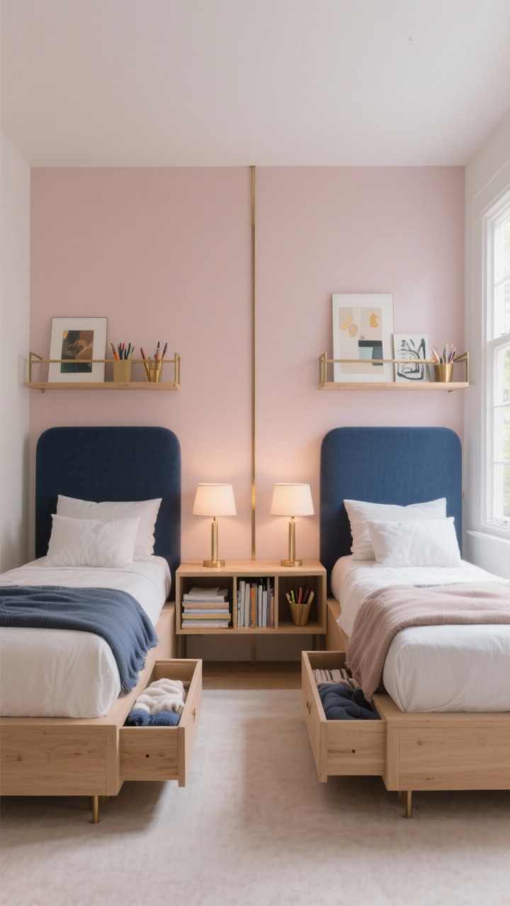 Photorealistic medium shot of side-by-side twin beds with a smart divide: a shared low bookcase/nightstand between them acting as a visual separator and storage. Emphasize symmetry with matching headboards and lamps, floating shelves above each bed, and underbed drawers slightly open showing neatly stored blankets and art supplies. Tight color palette: navy and blush with brushed brass accents and light wood tone. Soft, warm lamp light layered with gentle window daylight; camera at a slight angle from foot of beds.