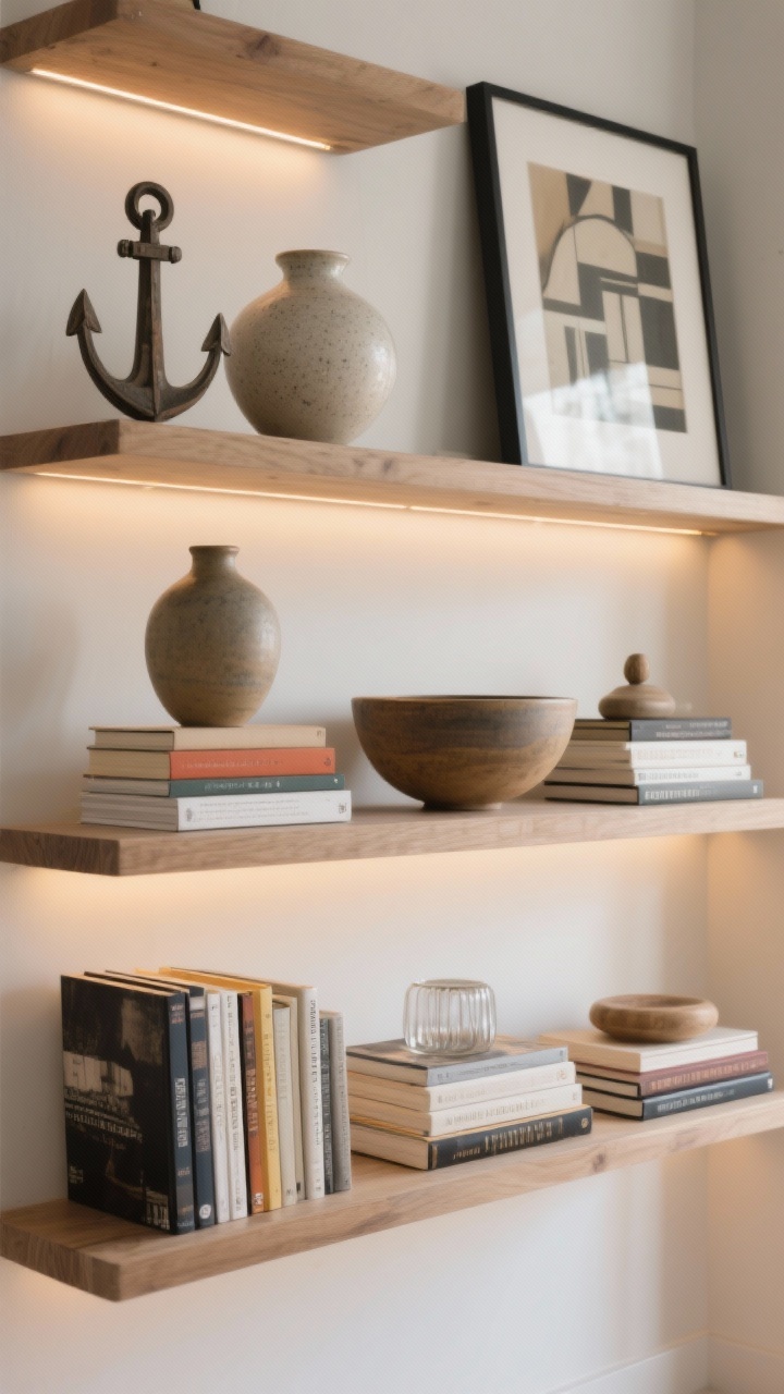 Photorealistic medium shot of styled open shelving: start with anchor pieces—large ceramic vase, a wide bowl, and a framed art piece—then stacks of books placed horizontally with a small object on top for height play. Group decor in odd numbers (threes and fives), mixing textures of wood, ceramic, glass, and metal. Leave negative space on select shelves, with some books color-blocked and a few turned spine-in for a calm palette. Subtle under-shelf warm LED strips create a gallery vibe. Straight-on perspective, balanced and airy mood.