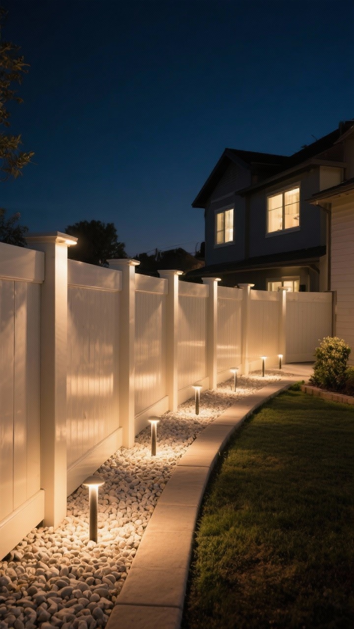 Photorealistic nighttime wide shot of fence edging transformed with subtle lighting: warm 2700–3000K path lights tucked into pale gravel bands every 6–8 feet, soft downlights mounted on fence posts washing the edging, and a few discreet accent stakes punctuating bed curves. The pale gravel reflects the glow, maximizing brightness with fewer fixtures; lights aimed away from windows for a cozy, welcoming mood. Clear, dark sky and gentle shadows to showcase textures without glare.