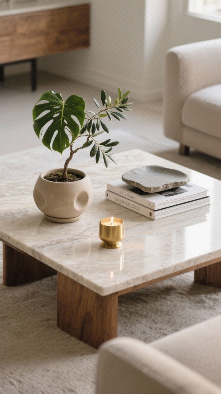 Photorealistic overhead detail shot of a styled coffee table: a low, wide pot featuring a small sculptural monstera (or mini olive tree/compact fern), a grounding stack of design books or a smooth stone tray, and one glimmer element—a brass object or candle catching light. Neutral palette with natural wood or stone tabletop, subtle reflections, and clear sightlines across the table. Gentle natural light; crisp textures of ceramic, paper, and metal; tight composition showcasing the 3-point formula.