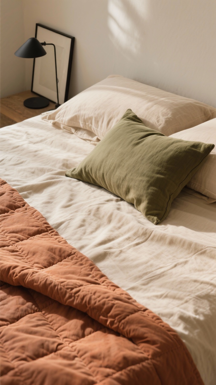 Photorealistic overhead detail shot of nature-inspired textiles on a bed: sand-colored sheet backdrop, a clay terracotta quilt folded at the foot, an olive lumbar pillow centered; matte finishes and fabrics in linen and cotton for a sunbaked, soft feel; a black-accent element like a thin metal picture frame corner or lamp base visible at the edge to sharpen the look; warm, diffused daylight, earthy and grounding, no people.