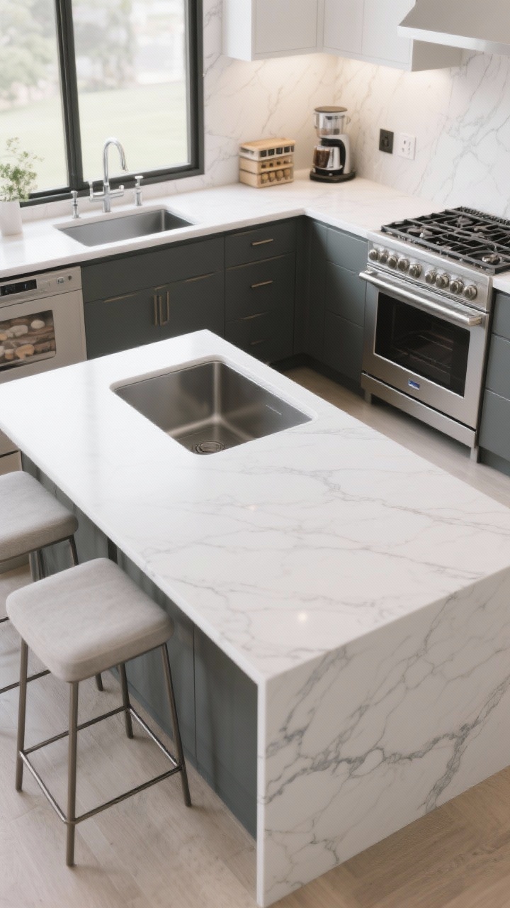 Photorealistic overhead layout shot of a kitchen work surface map: clearly defined prep zone near an undermount sink with at least 36 inches of uninterrupted quartz workspace, cooking zone flanking a range with heat-resistant sintered stone on both sides, a compact beverage/coffee station with an outlet and organized storage, and a baking zone featuring a lower counter section with a cool-to-the-touch marble insert; include planned 12–15 inch seating overhang at the island, a slim 2cm profile on tight perimeters, discreet seams aligned with appliance edges, clean modern styling, bright even task lighting