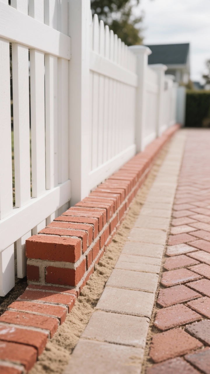 Photorealistic straight-on detail shot of a brick soldier course edging: classic red bricks stood on end, tight and tidy, running along a white-painted picket fence. Reveal the precise installation—compacted paver base, thin sand leveling, and polymeric sand brushed into joints. Include a short inset segment showing an alternative herringbone pattern laid flat nearby for a chunkier custom look. Soft overcast daylight to highlight crisp lines and durability without harsh shadows.