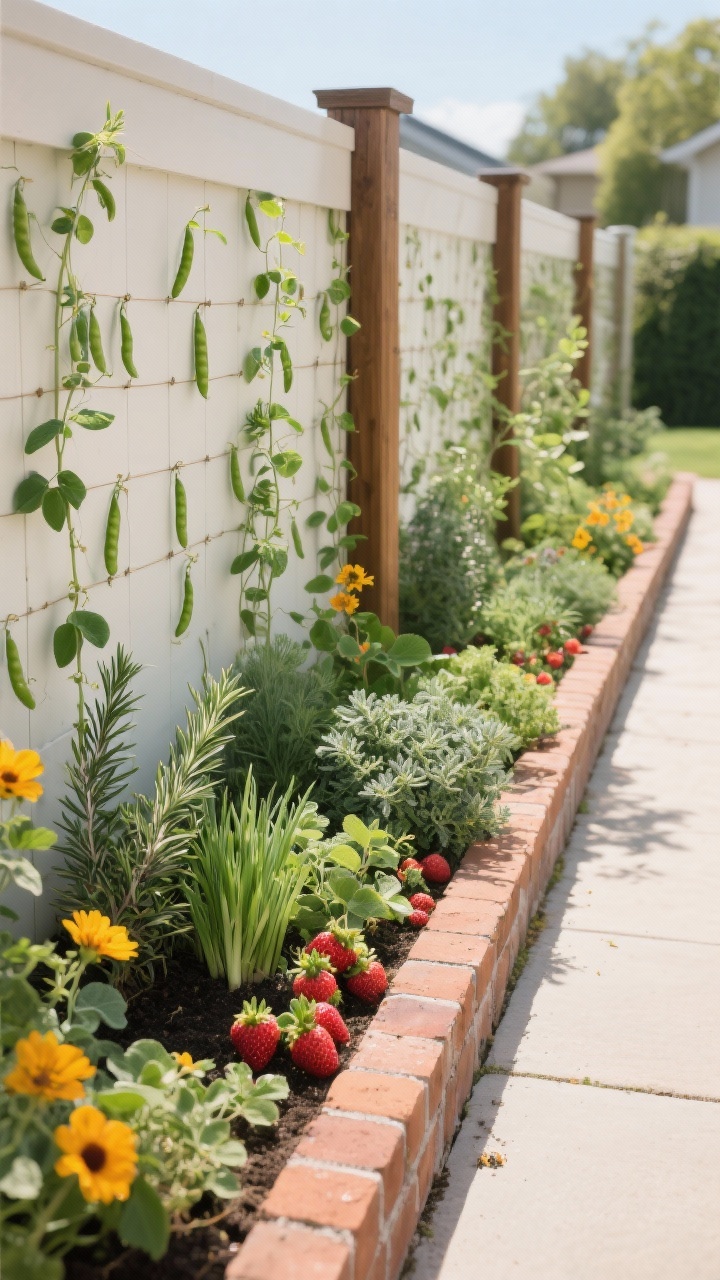Photorealistic straight-on medium shot of a slim herb and edible strip along a fence: sunny section featuring repeating clusters of rosemary, oregano, thyme, sage, chives, and strawberries, edged with brick to keep soil off the adjacent path. Add a narrow trellis on the fence with peas climbing for a living wall effect; sprinkle calendula and nasturtium for edible blooms and pollinator appeal. Keep edibles set a few inches from treated posts with a visible liner. Bright, fresh daylight for vibrant greens and textures.